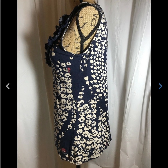 Express Navy Blue Cream Floral Ruffle Front Blouse - Picture 2 of 6